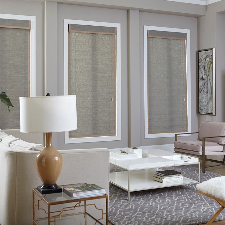 Inside mount, with the flat valance option and the 1 ½” binding in Dusk CT805. Woven Shade Color: Capri Pewter 9450