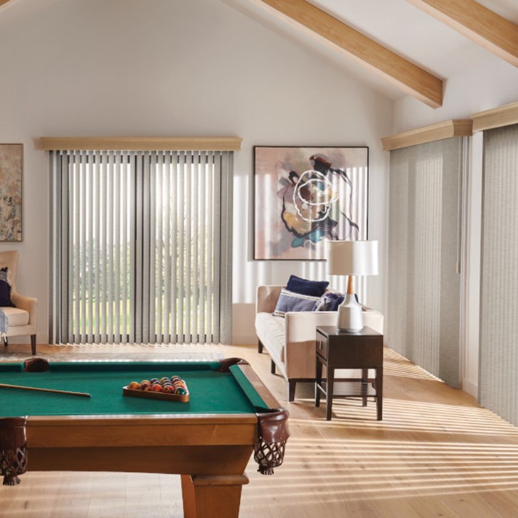 Vertical Blinds with Wand Control: Panorama, Vista 0071 and Regal Wood Cornice: True Taupe 1848