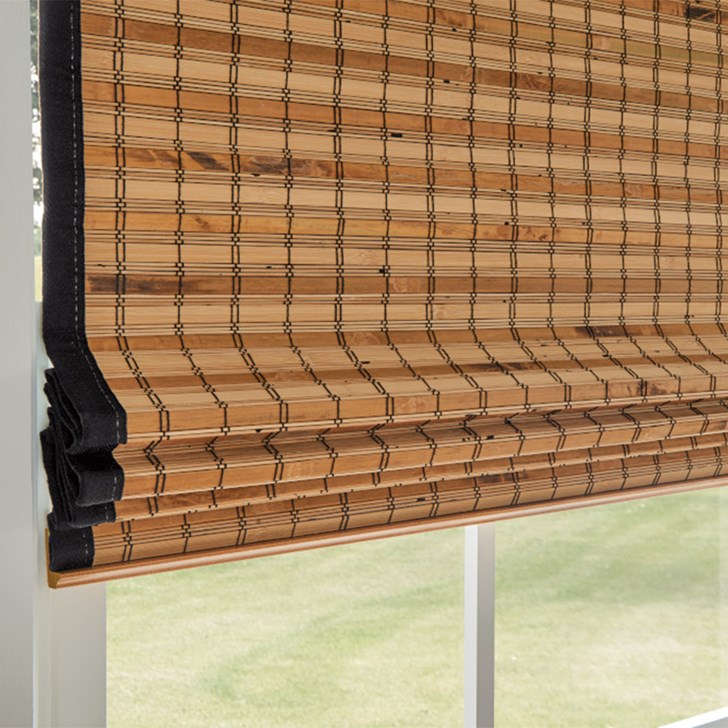 Woven Wood Shades in Standard Roman Style with Cordless Lift: Nicaragua, Umber 63659, Room-Darkening Liner: Taupe 6659, Edge Banding: Black 7000, and Standard 6‚Ä= Valance