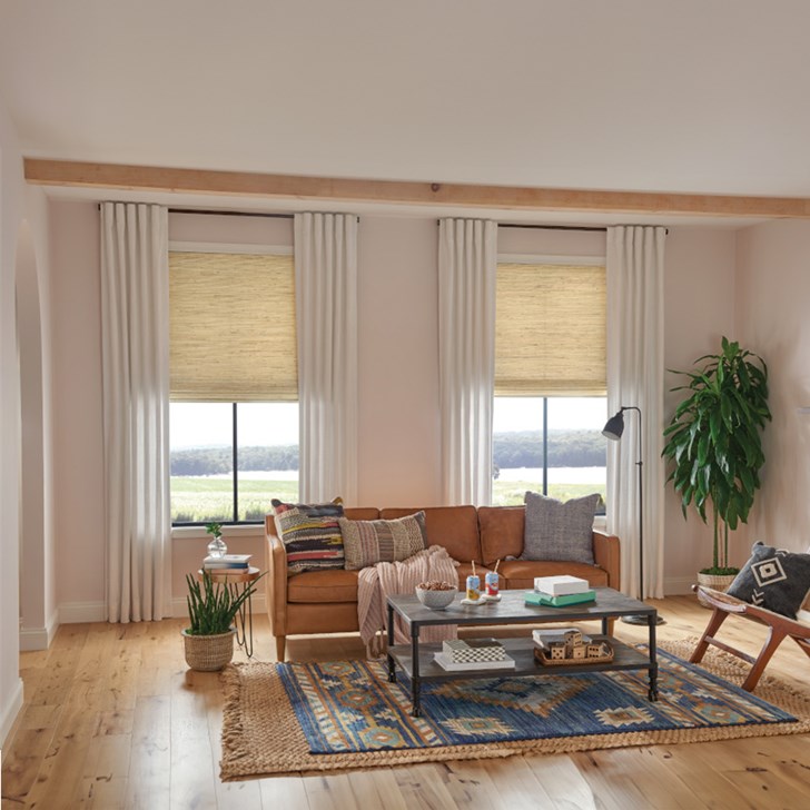 Old Style Roman Woven Wood Shades with Cordless Lift: Desert Haze, Light Ocean Sand 55330 and Privacy Liner: Sand 2701; Drapery with Back Tab: Cupola, White Down 0334