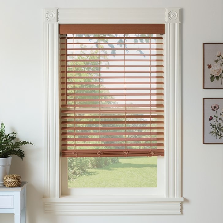 Color: Reddish Brown; Fold Style: 2" Slats; Lift: Cordless