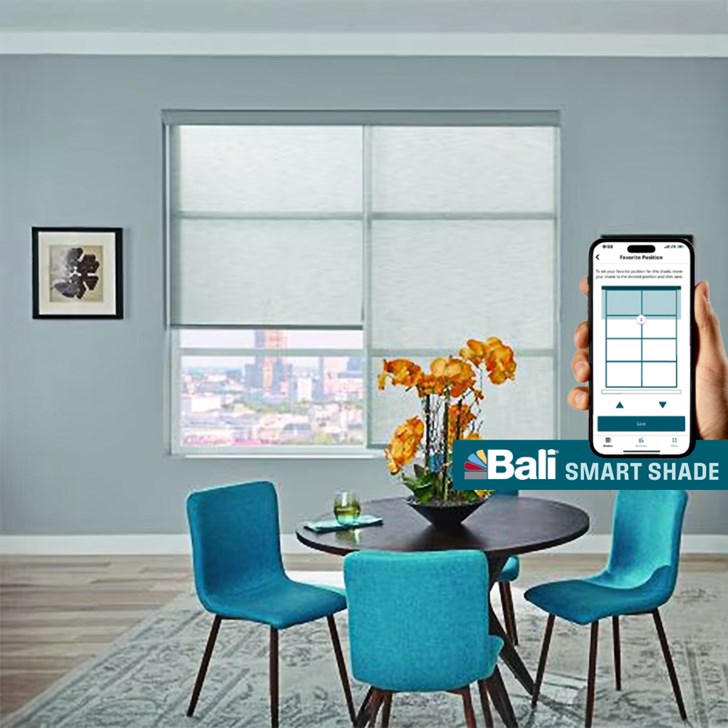 Bali Smart Shade - Roller Shade with Motorized Wand, Fabric-Wrapped Hem Bar: Everly, Cinder 21464, and Contour Valance