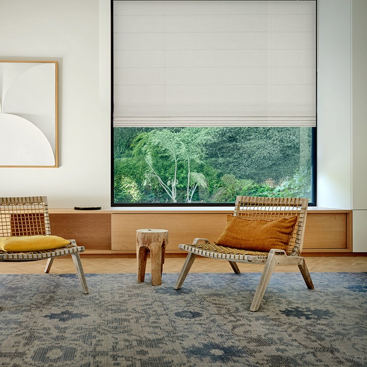 Color: Cambric Oyster; Lift: Motorized; Liner: Blackout; Fold Style: Classic; Bottom Rail: Heat Sealed Hem Bar