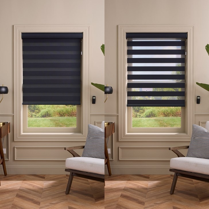 Color: Melrose Iron QV16; Opacity: Light Filtering; Lift: Motorized; Valance: Semi Open with Fabric Insert Cassette