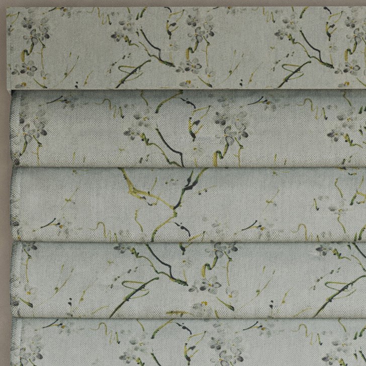 Color: Kyoto Pear Blossom SW246; Blackout Liner: White; Mount: Outside; Fold Style: Hobbled; Lift: Continuous Cord Loop; Headrail: Fabric Valance