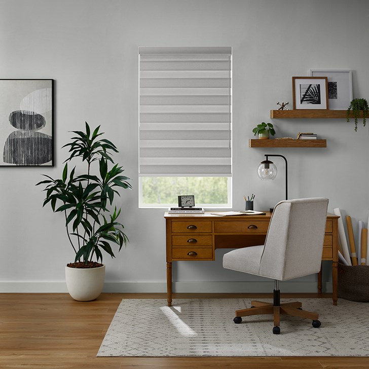 Color: Cloud; Lift: Motorized Wand; Light Control: Blackout; Headrail: Fabric Cassette Valance