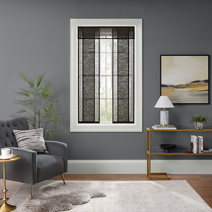 Color: San Lucas Flaxseed LIJU007; Operation: Wand Control; Split Stack; Edge Binding: Onyx 535; Headrail: 8 Inch Valance