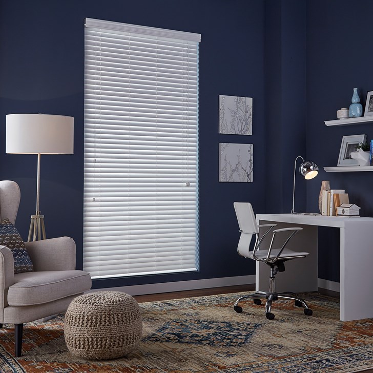 Inside mount wood blind with slats fully closed. Color: White 120