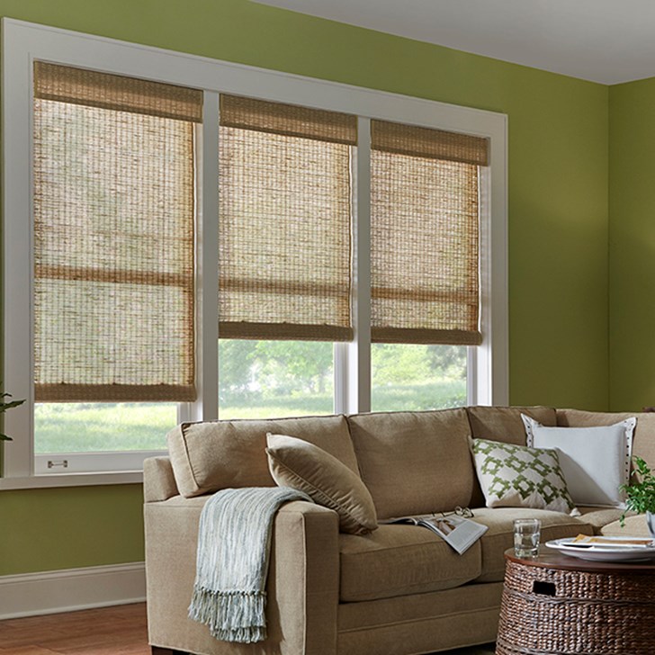 Inside mount, woven wood shade with no liner. Color: Girona Raffia 2324