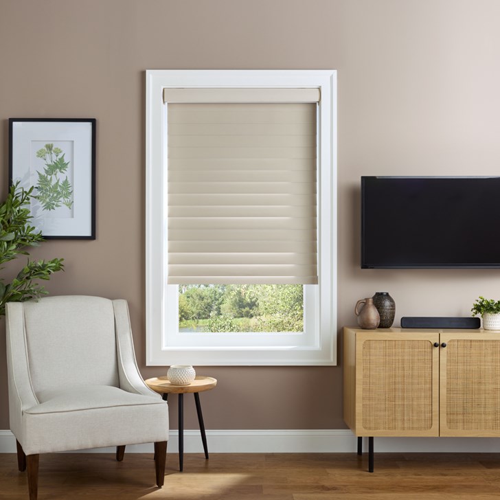 Opacity: Room Darkening; Color: Straw S70PN414D; Lift: Cordless; Valance: Fabric Wrapped Round Cassette; State: Lifted and Closed; Setting: Day Time