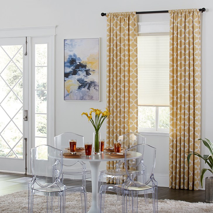 Blinds.com Easy Rod Pocket Drapery in pattern Casablanca Sun with Cordless Pleated Shades in Flaxen Ivory