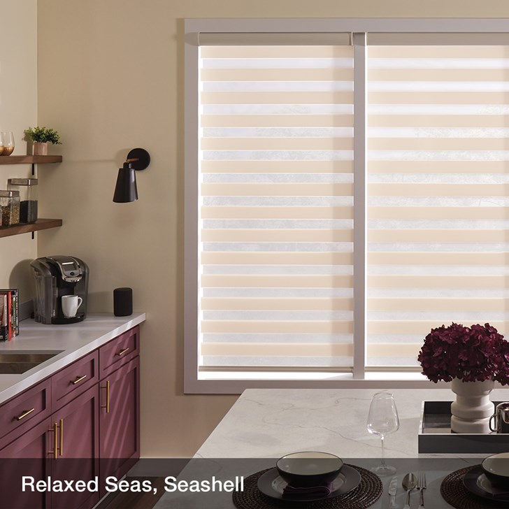 Color: Relaxed Seas Seashell; Fold Style: Layered Shades; Lift: Continuous Cord Loop