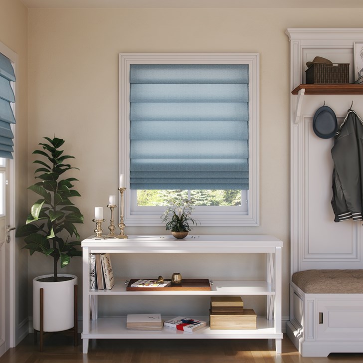 Color: Linenette Hyacinth CV133; Light Filtering Liner: White; Mount: Inside; Fold Style: Hobbled; Lift: Continuous Cord Loop in the White Plastic color;