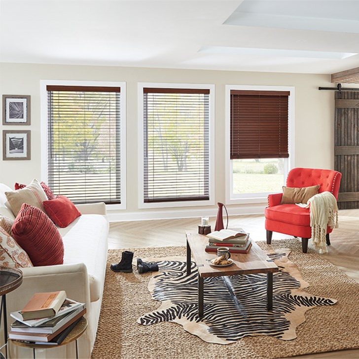 2 Wood Blinds with Cordless Lift/Wand Tilt: Teriyaki 1694 with 3 Standard Valance