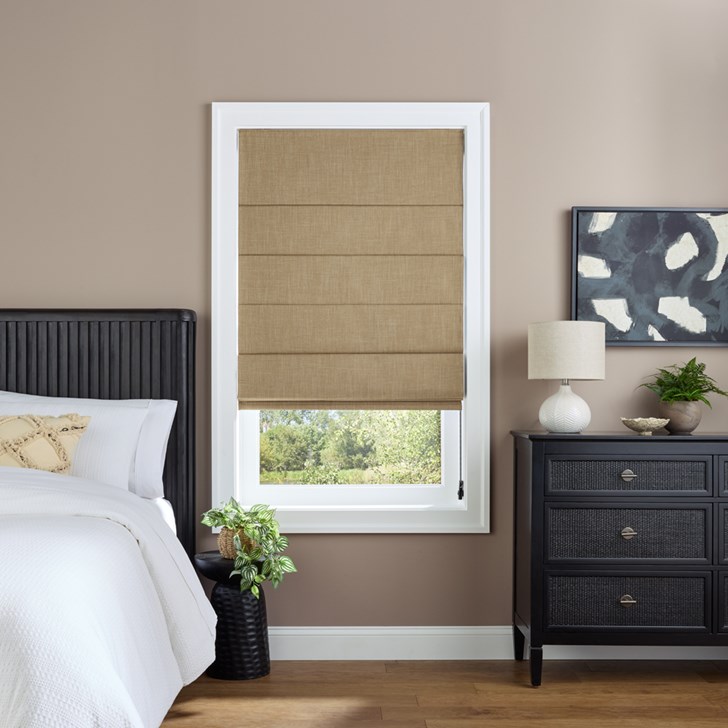 Color: Surrey Cork AA0306F0233; Lift: Black Plastic Continuous Cord Loop; Fold Style: Plain Fold with Seams; Liner: Blackout