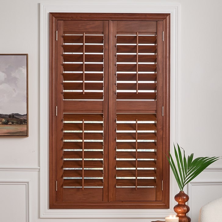Color: Pecan; Frame: Gallery Z; Slats: 3.5 Inch Louver; Split: Divided in the Middle; Panels: Two Panel Split