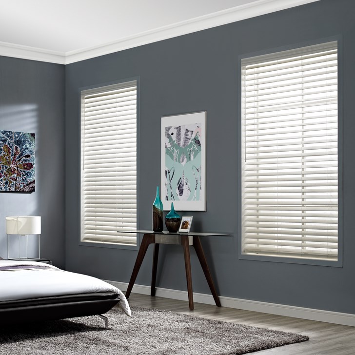 Economy Cordless 2 1/2 Inch Faux Wood Blinds in the color White