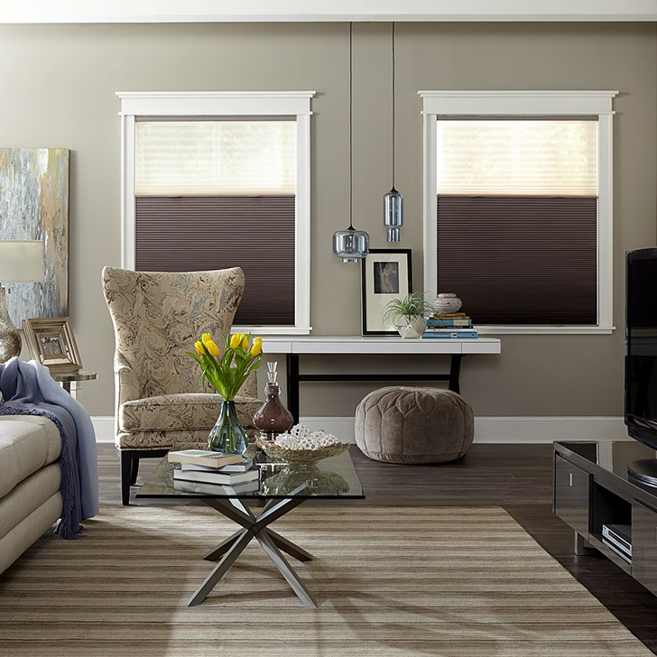 The Blackout Cell Shade in Dark Brown BOD-875 with the Cordless Trilight option in Beige W205.