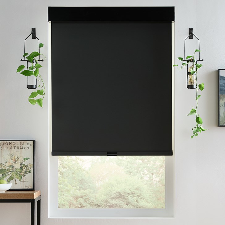 Color: Rocklin Jet R22; Lift: Motorized; Bottom Rail: Fabric Wrapped; Headrail: 3 Inch Square Aluminum Fascia in Black