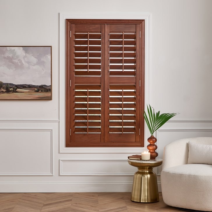 Color: Pecan; Frame: Gallery Z; Slats: 3.5 Inch Louver; Split: Divided in the Middle; Panels: Two Panel Split