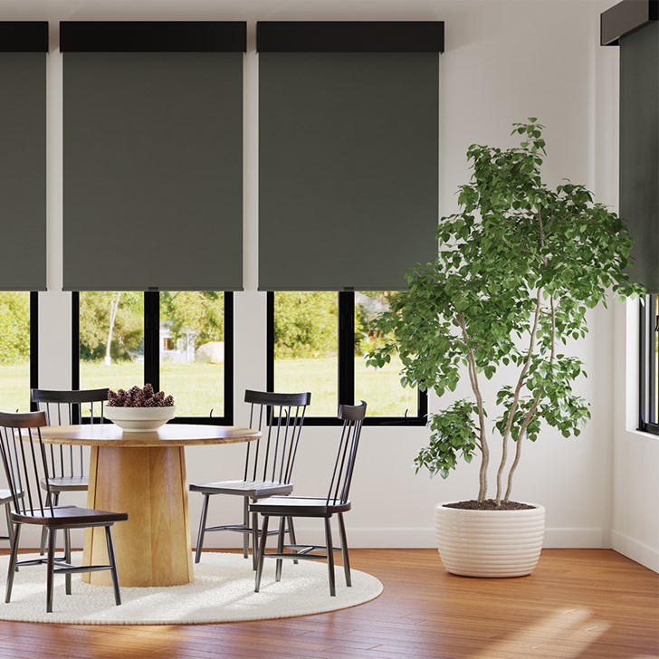 Color: Splendor Charcoal; Bottom Rail: Fabric Wrapped; Headrail: Black 4 Inch Square Aluminum Fascia